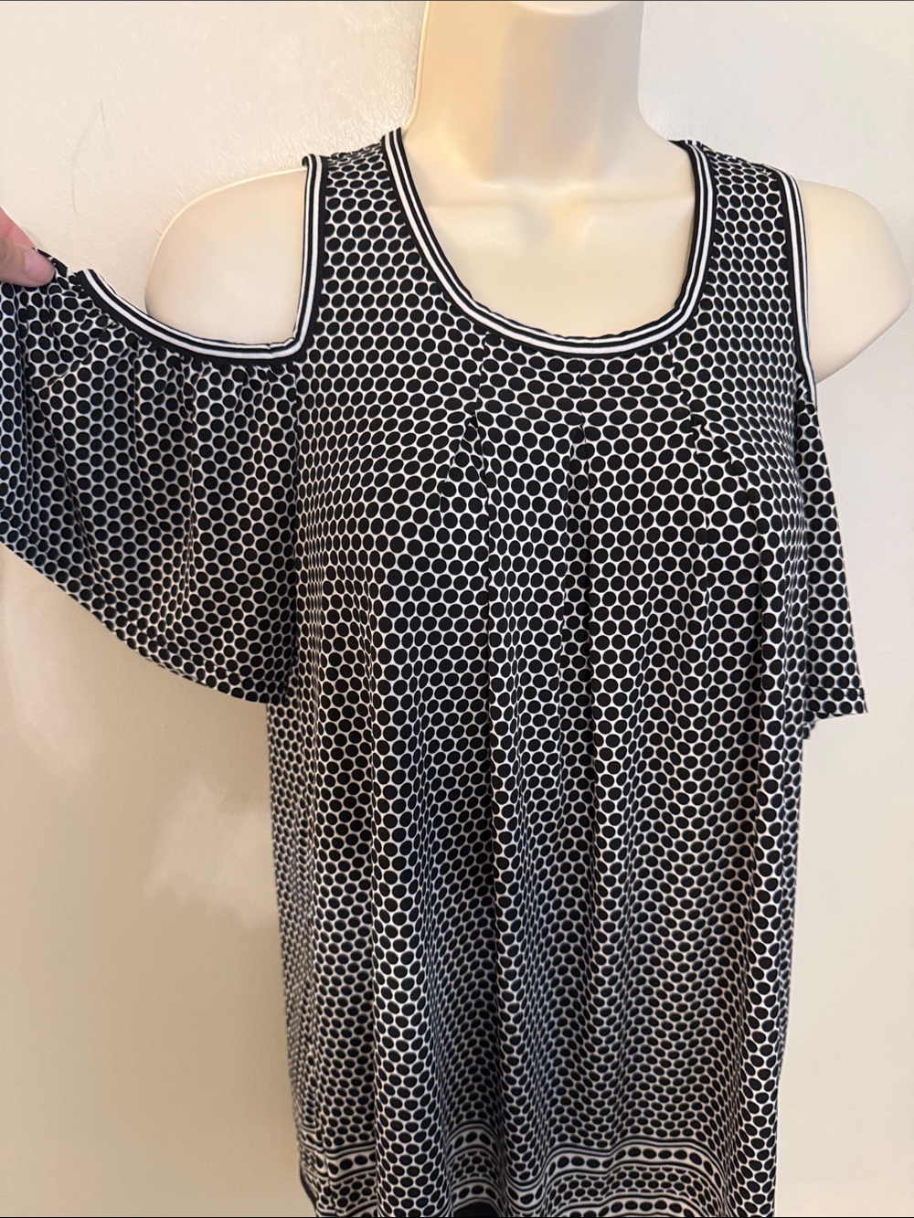 Max Studio Black and White Cold-Shoulder Polka Dot Blouse